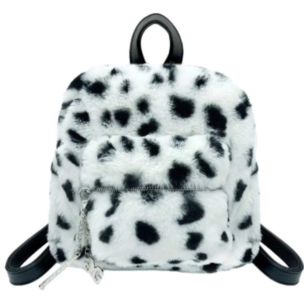 GILDA PARIS Dalmatian  Print Faux Fur Mini Backpack with branded pendants NWT
